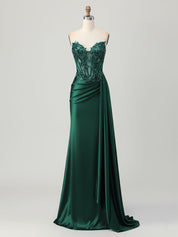 Strapless Illusion Bodice Prom Dress with Satin Skirt