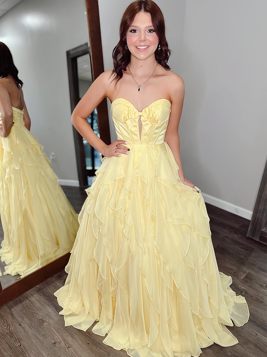 Dreamylily Prom Dress Strapless Keyhole Corset Ball Gown with Tiered