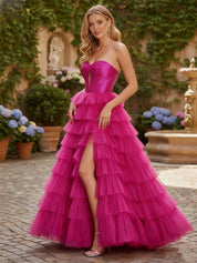 Strapless Keyhole Tiered Corset Glitter Prom Dress with Slit