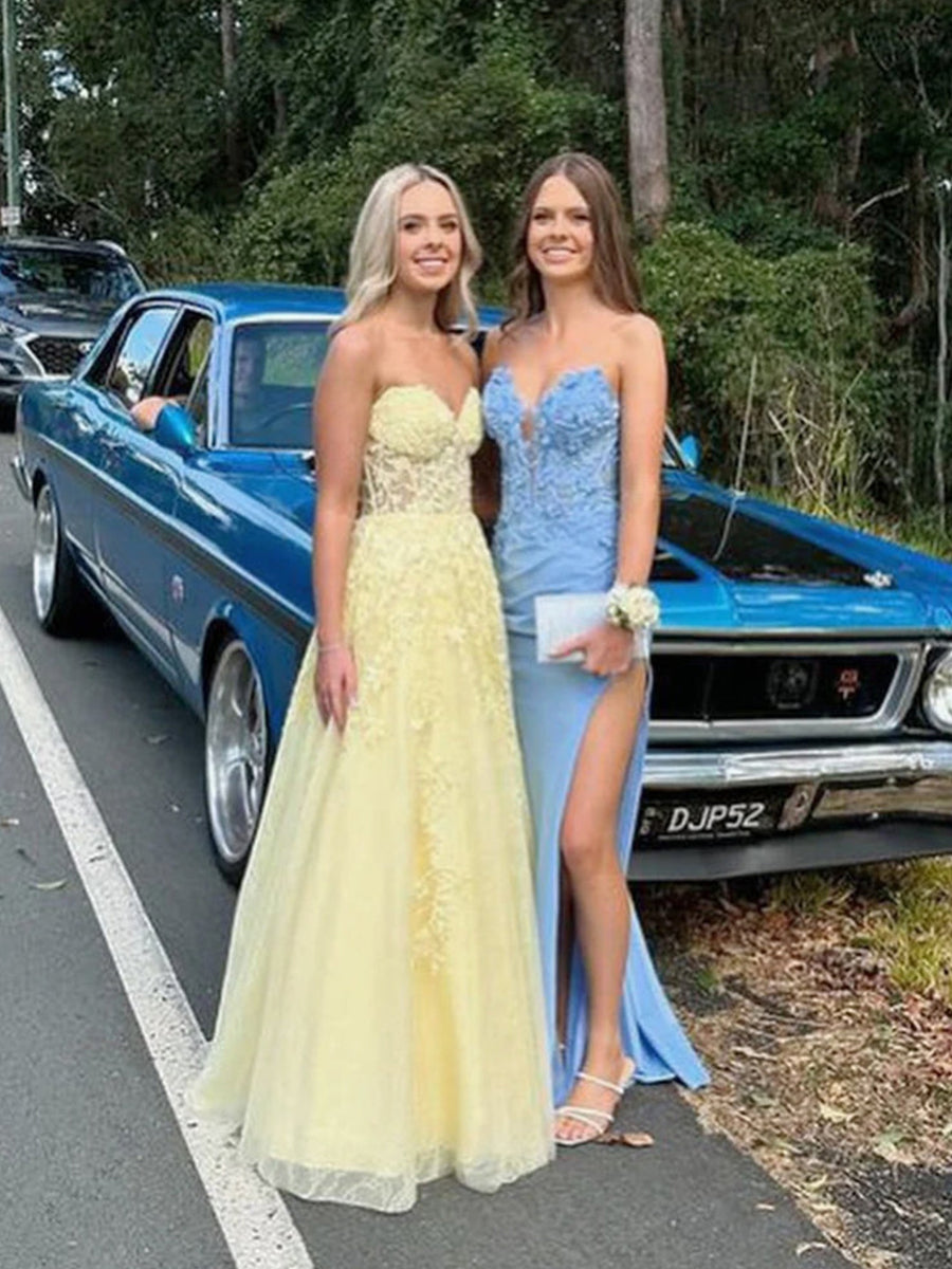 Strapless Lace Applique A-Line Empire-Waist Tulle Prom Dress