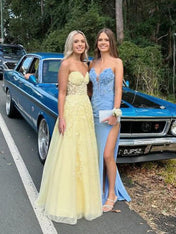Strapless Lace Applique A-Line Empire-Waist Tulle Prom Dress