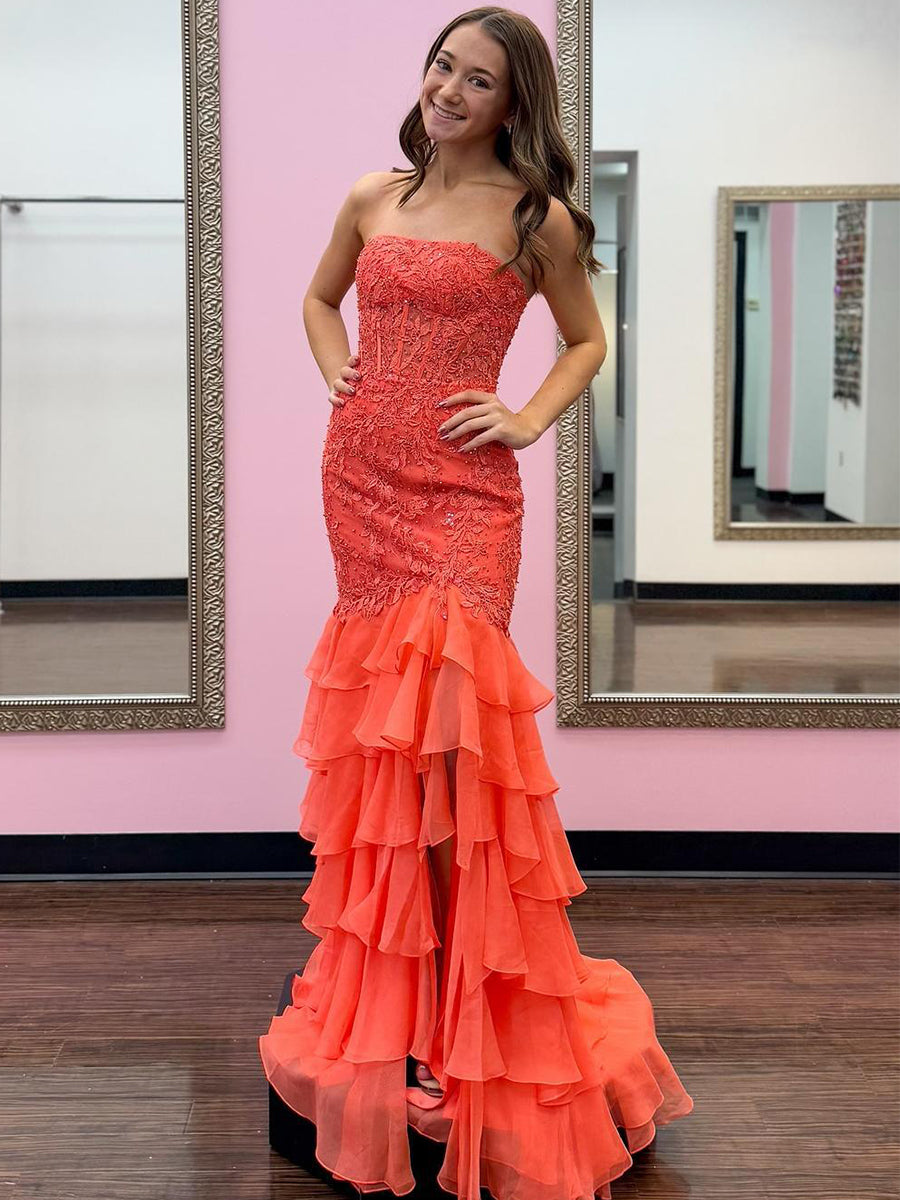 Strapless Applique Ruffle Mermaid Long Prom Dress with Slit