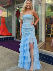 Strapless Applique Ruffle Mermaid Long Prom Dress with Slit