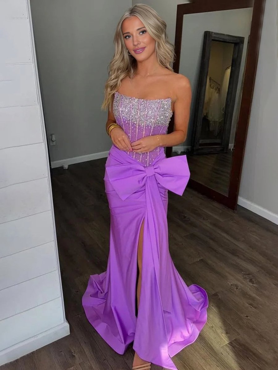 Strapless Mermaid Corset Side Bowknot Prom Dress with Slit
