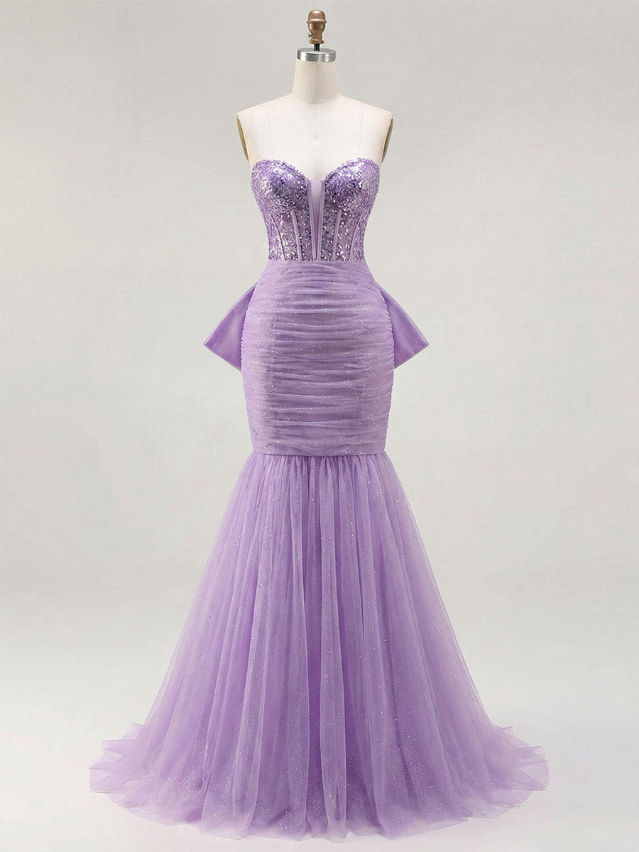 Red Strapless Mermaid Sequin Corset Ruched Long Prom Dress