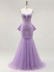 Red Strapless Mermaid Sequin Corset Ruched Long Prom Dress