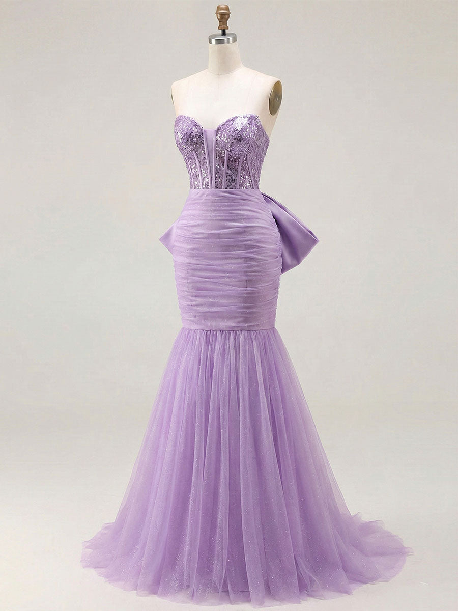 Strapless Mermaid Sequin Corset Ruched Long Prom Dress