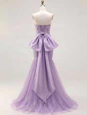 Red Strapless Mermaid Sequin Corset Ruched Long Prom Dress