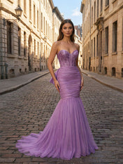 Red Strapless Mermaid Sequin Corset Ruched Long Prom Dress