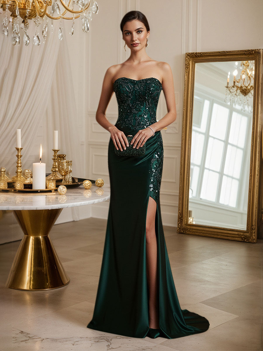Strapless Mermaid Sequin Long Prom Dress with Slit