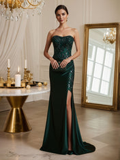 Strapless Mermaid Sequin Long Prom Dress with Slit