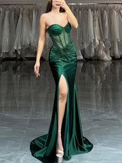 Strapless Mermaid Sheer Bodice Boned Long Prom Dress