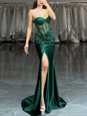 Strapless Mermaid Sheer Bodice Boned Long Prom Dress