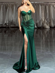 Strapless Mermaid Sheer Bodice Boned Long Prom Dress
