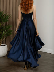 Strapless Navy Satin High-Low Ruffle Ball Gown