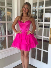 StraplessPinkAppliquesNeckTieredShortHomecomingDress