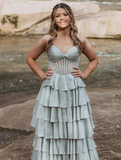 Strapless Pleated Corset Beaded Tiered Long Prom Dress