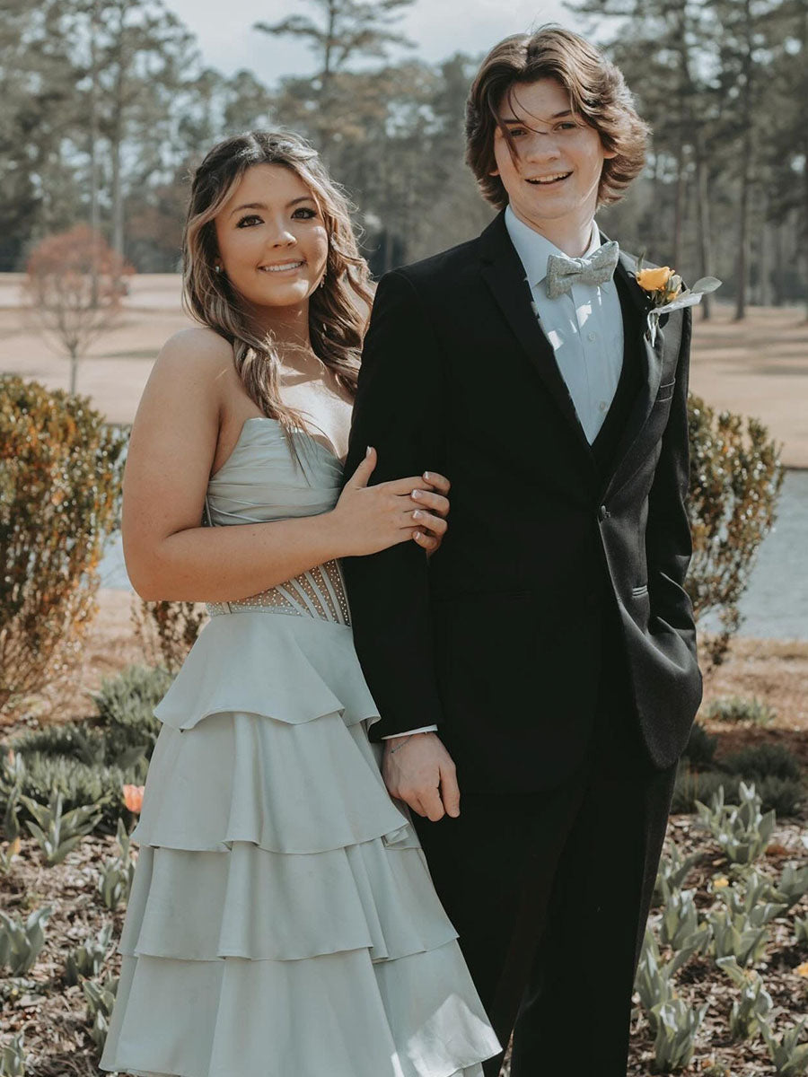 Strapless Pleated Corset Beaded Tiered Long Prom Dress