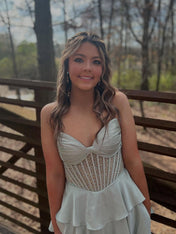 Strapless Pleated Corset Beaded Tiered Long Prom Dress