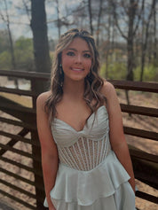 Strapless Pleated Corset Beaded Tiered Long Prom Dress