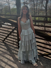 Strapless Pleated Corset Beaded Tiered Long Prom Dress