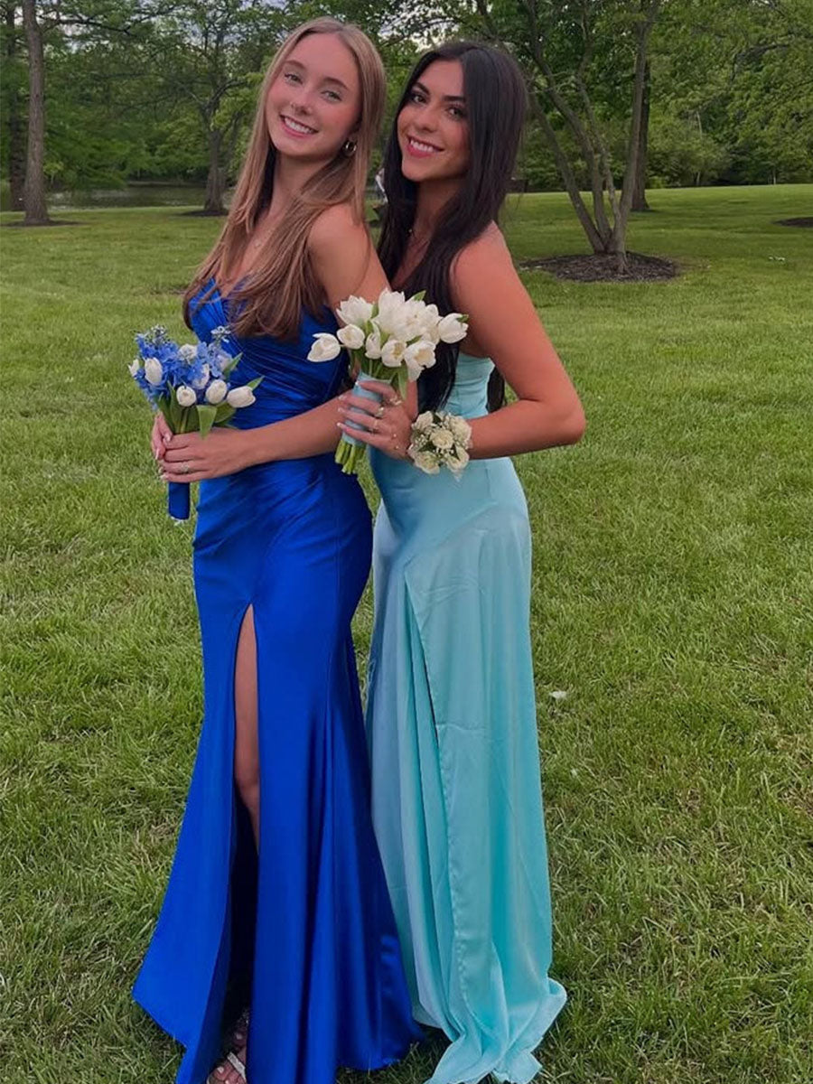 Strapless Pleated Satin Long Prom Dress with Slit