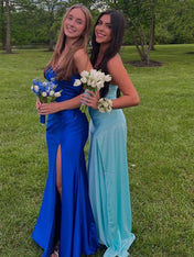 Strapless Pleated Satin Long Prom Dress with Slit