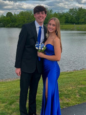 Strapless Pleated Satin Long Prom Dress with Slit