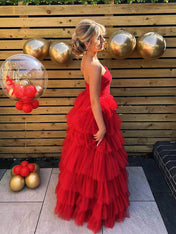 Strapless Red Cascading Tulle Ruffles Long Prom Dress