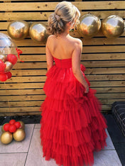 Strapless Red Cascading Tulle Ruffles Long Prom Dress