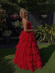 Strapless Red Cascading Tulle Ruffles Long Prom Dress