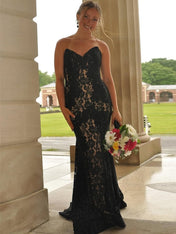 Strapless Red Lace Appliques Mermaid Long Prom Dress