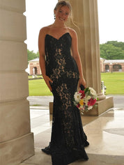 Strapless Red Lace Appliques Mermaid Long Prom Dress