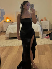 Strapless Ruched Long Prom Dress with Slit