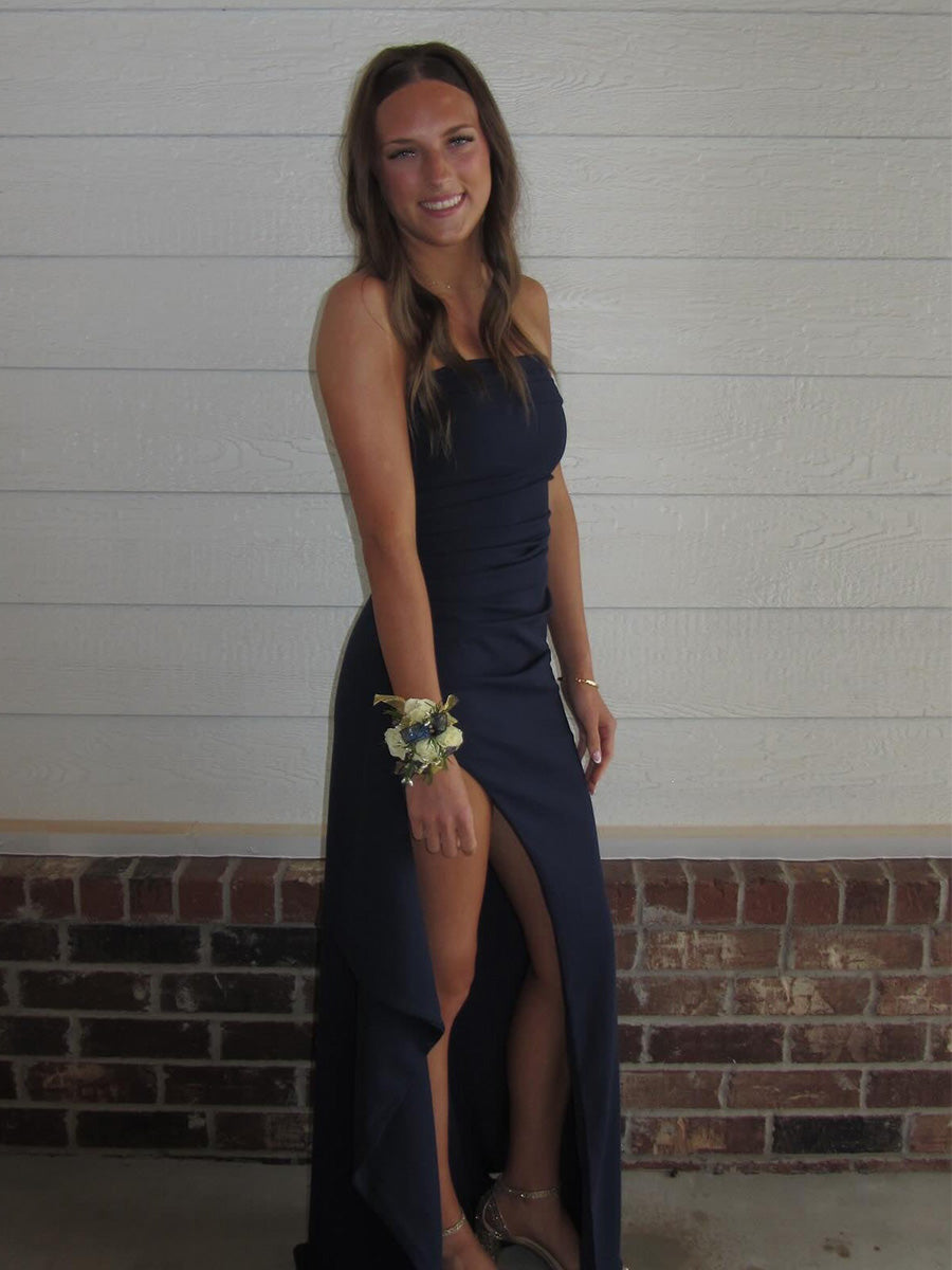 Strapless Ruched Long Prom Dress with Slit