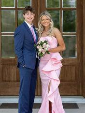 Strapless Ruffles Hem Long Prom Dress with Slit