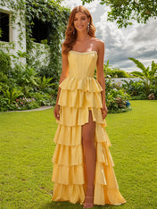 Strapless Satin Ruffle Tiered Beaded A Line Prom Dress with Slit