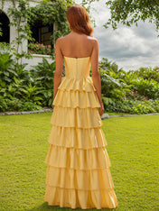 Strapless Satin Ruffle Tiered Beaded A Line Prom Dress with Slit