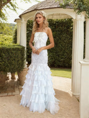 Strapless Scalloped Beaded Bodice Tiered Ruffle Prom Dress