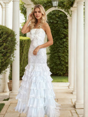 Strapless Scalloped Beaded Bodice Tiered Ruffle Prom Dress