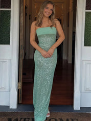 Strapless Scoop Neck Sequined Sheath Long Prom Dress