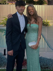 Strapless Scoop Neck Sequined Sheath Long Prom Dress