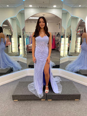 Strapless Sheer Corset Bodice Lace Prom Dress with High Slit