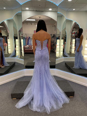 Strapless Sheer Corset Bodice Lace Prom Dress with High Slit