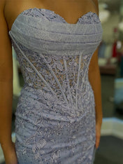 Strapless Sheer Corset Bodice Lace Prom Dress with High Slit