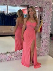 Strapless Sheer Corset Bodice Prom Gown with High Slit
