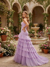 Strapless Sweetheart Cascading Ruffles Tulle Prom Dress with Slit