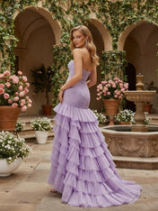Strapless Sweetheart Cascading Ruffles Tulle Prom Dress with Slit