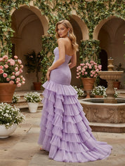 Strapless Sweetheart Cascading Ruffles Tulle Prom Dress with Slit