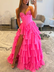 Strapless Sweetheart Lace Embroidery Boned Tiered Long Prom Dress
